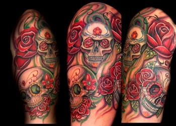 Trent Edwards - skull and roses half sleeve